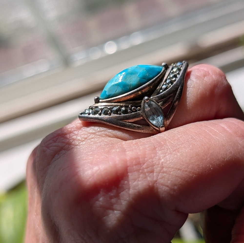 925 Turquoise & Blue Topaz,  Sterling 💙🩵 Ring With Marcosites Size 7, 925